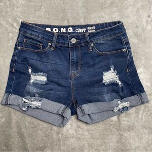 S.O.N.G. Curvy High-Rise Distressed Stretchy Roll-Cuff Denim Shorts Size 5/27